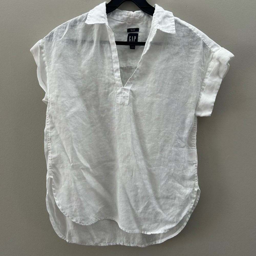 GAP Crisp White Linen Breezy V-Neck Relaxed Fit XS/S Curved Hem Blouse - Picture 2 of 3